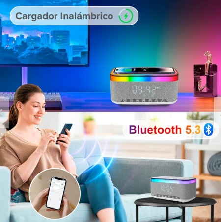 Cargador Inalambrico Reloj Despertador con Radio Parlante Bluetooth